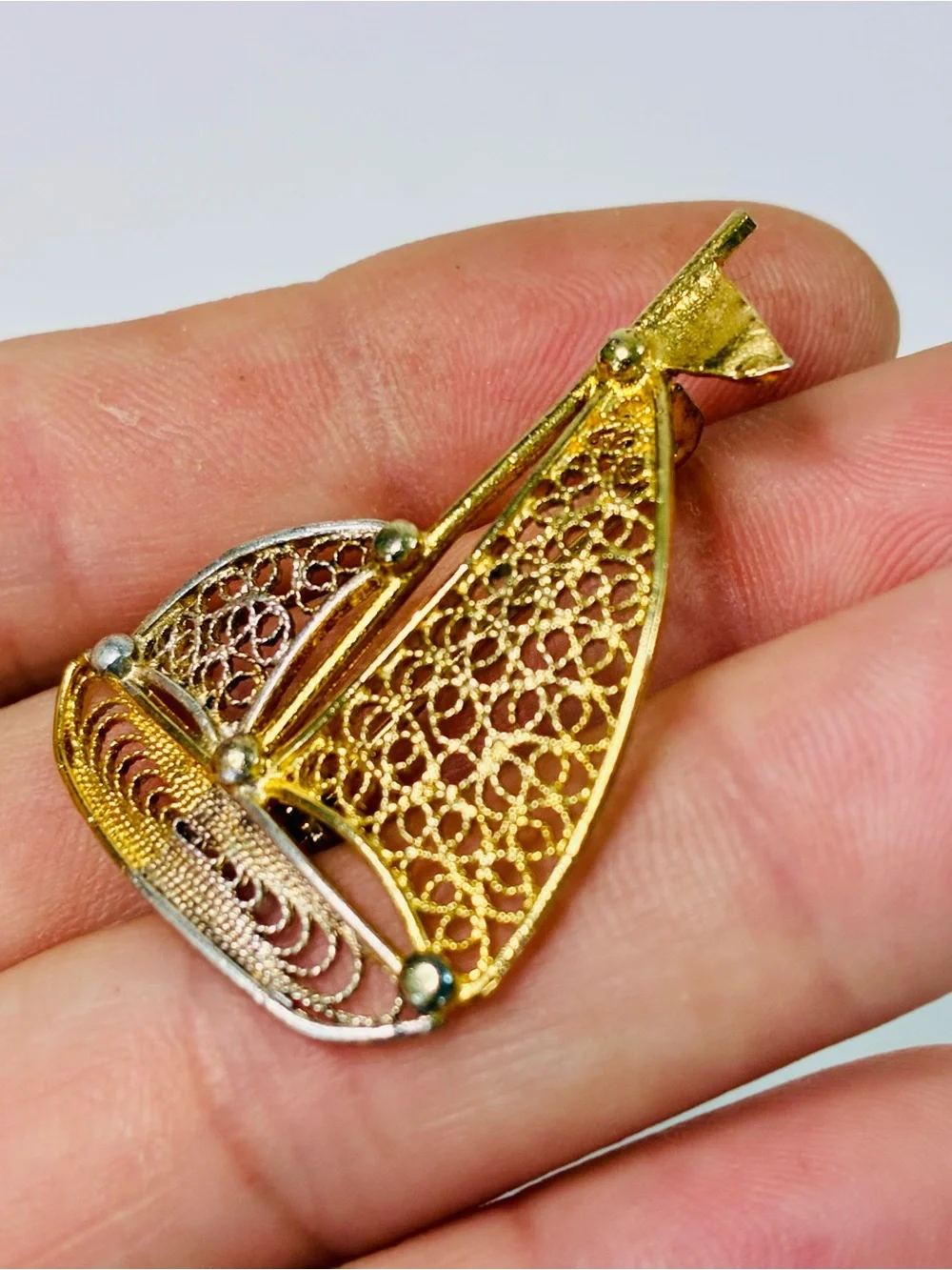 925 Gold Filled Stamped Filigree Sailboat Brooch - Gold and Silver
